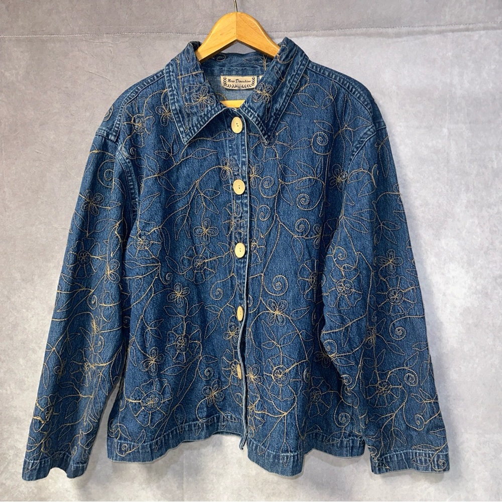 Vintage New Direction Denim Jacket Floral Stitching Women’s Size XL